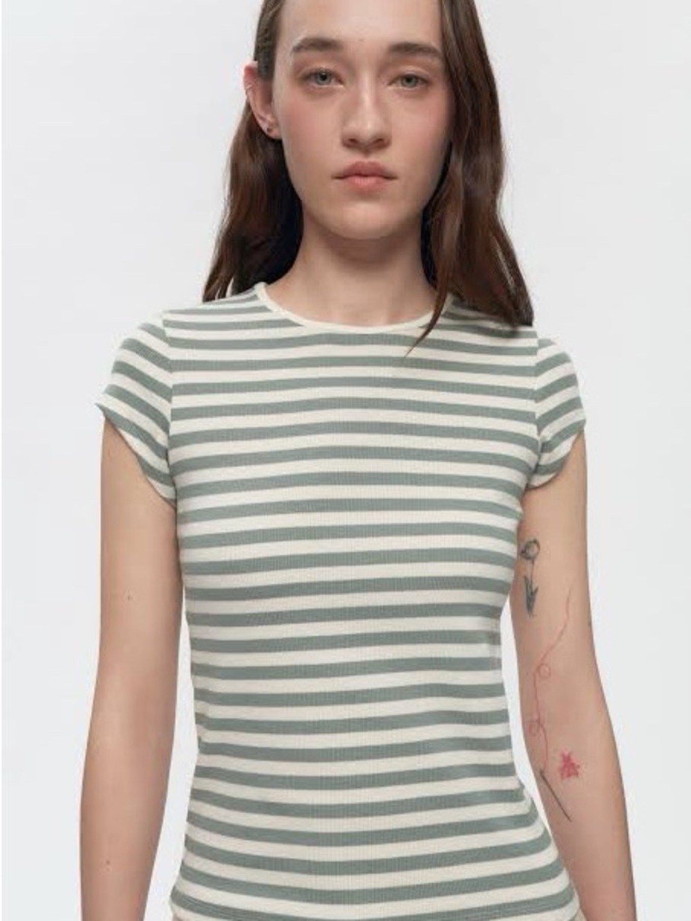KOTN Striped Ribbed Tee in Green and Cream